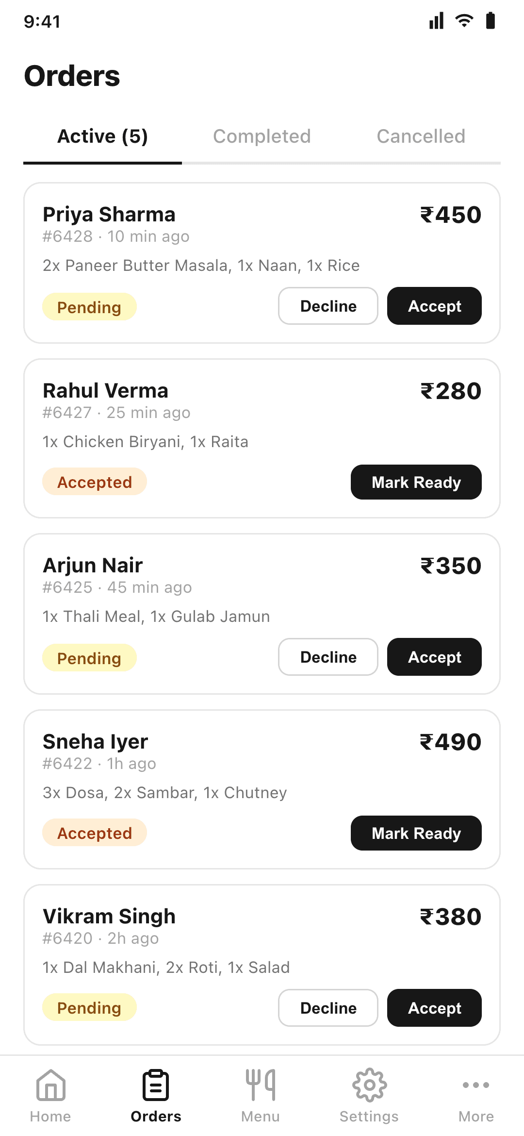 Percivo orders list with live status badges